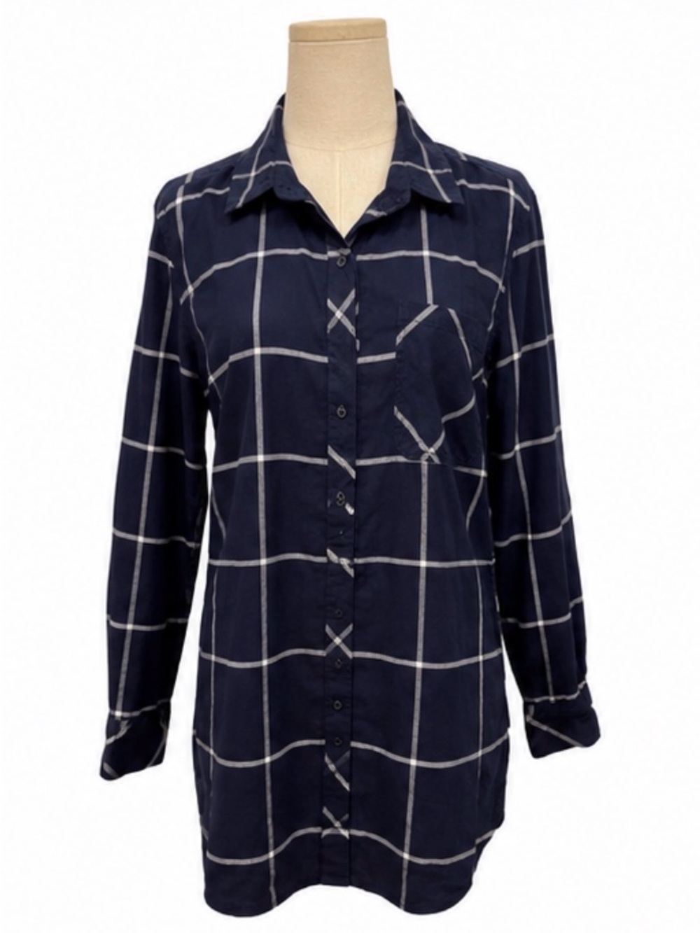 Athleta Navy & White Windowpane Plaid Button-Down Tunic Shirt Size M